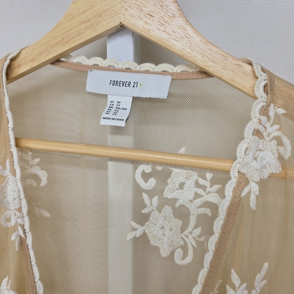 Forever 21 Plus Size 3X Tan Sheer Lace Maxi Kimono Cardigan Robe Duster - Picture 3 of 6